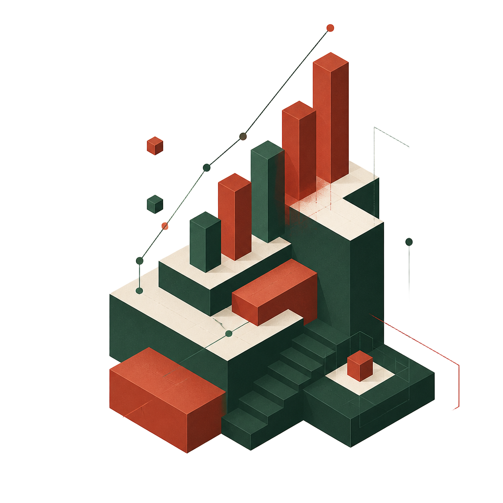 Illustration isométrique représentant la trajectoire de croissance d'une startup accompagnée par MVP
